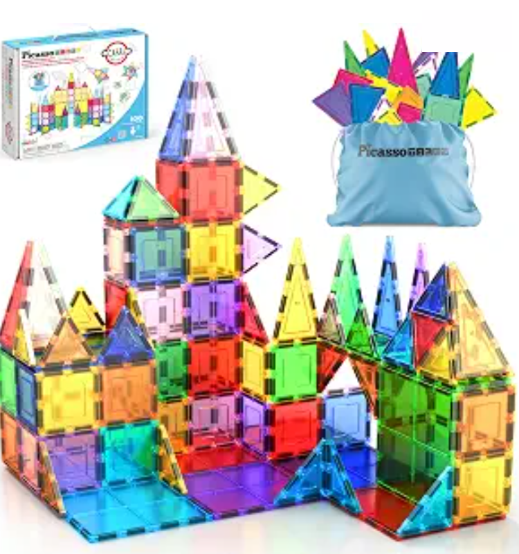 Castle built from clear colored magnetic tiles