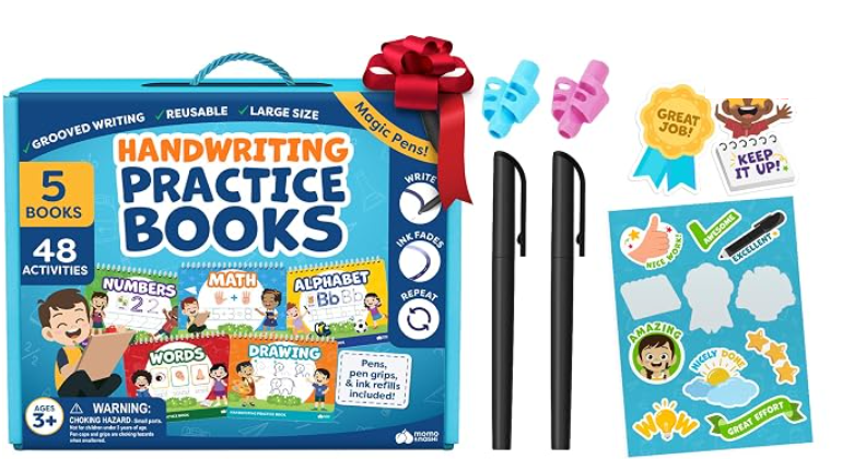 Handwriting Practice Books box with magic pens, pen grips and sticker sheet